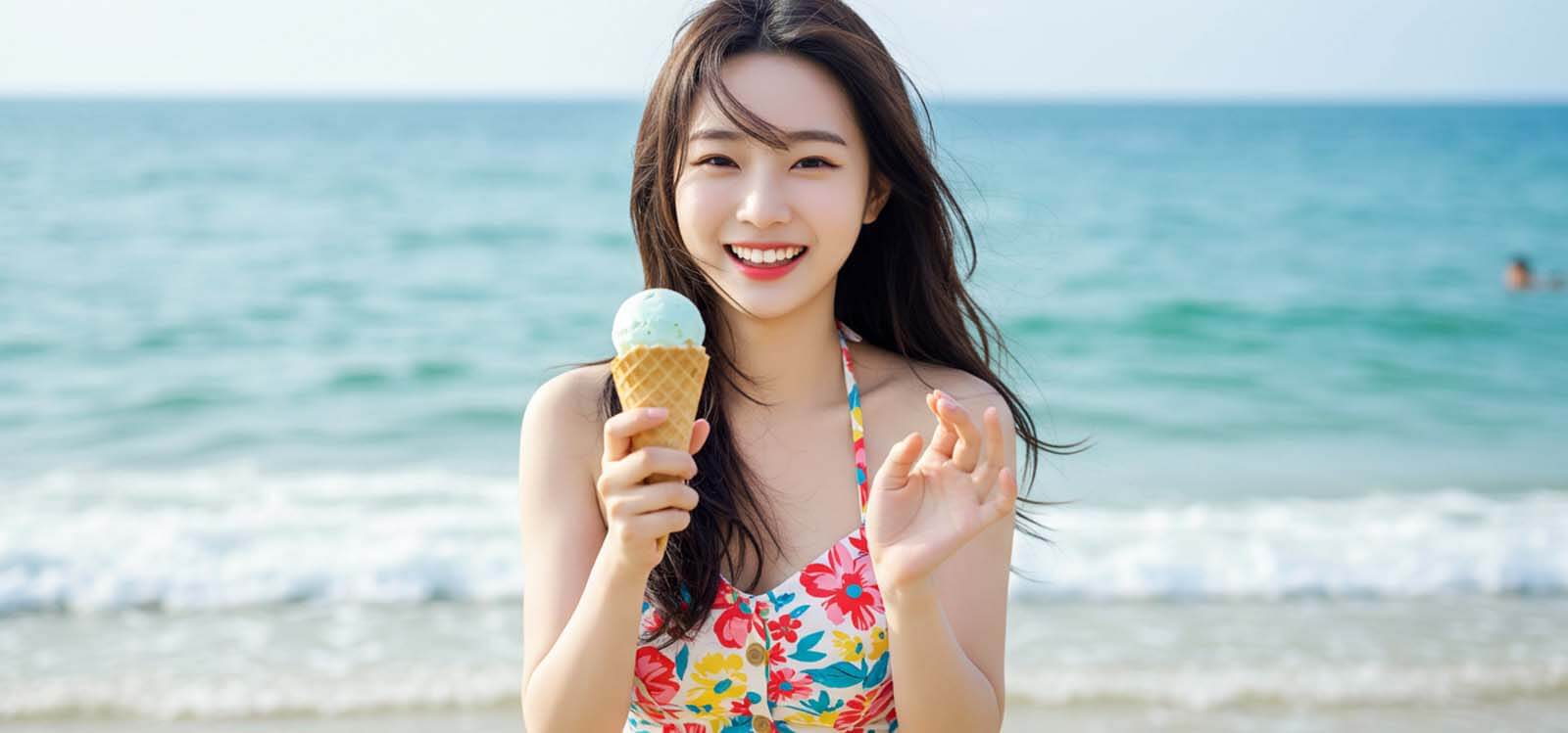 아이스크림 들고 웃으며 걷는 모습