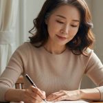 노트에 글을 쓰고 있는 여자