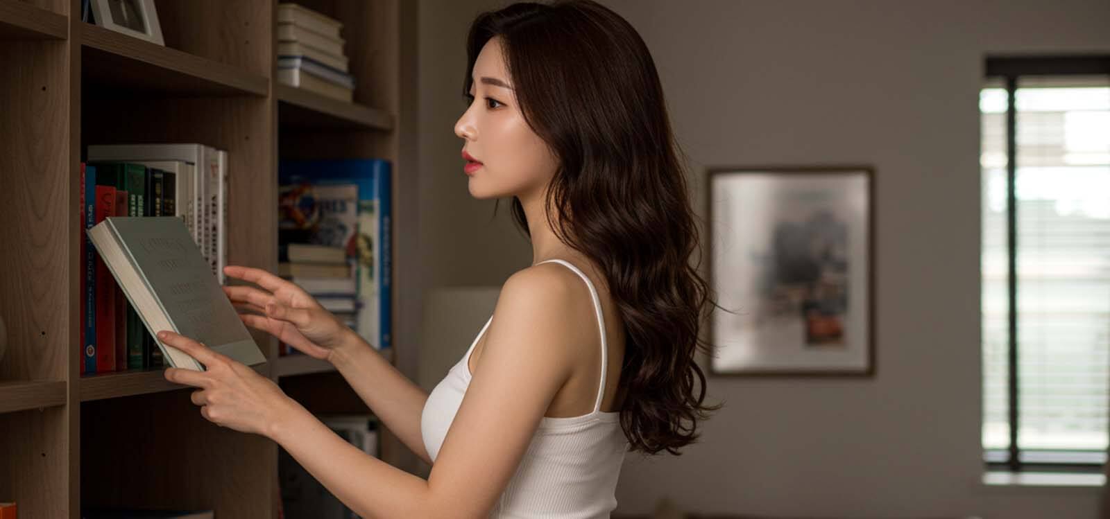 책장의 책을 꺼내는 여자