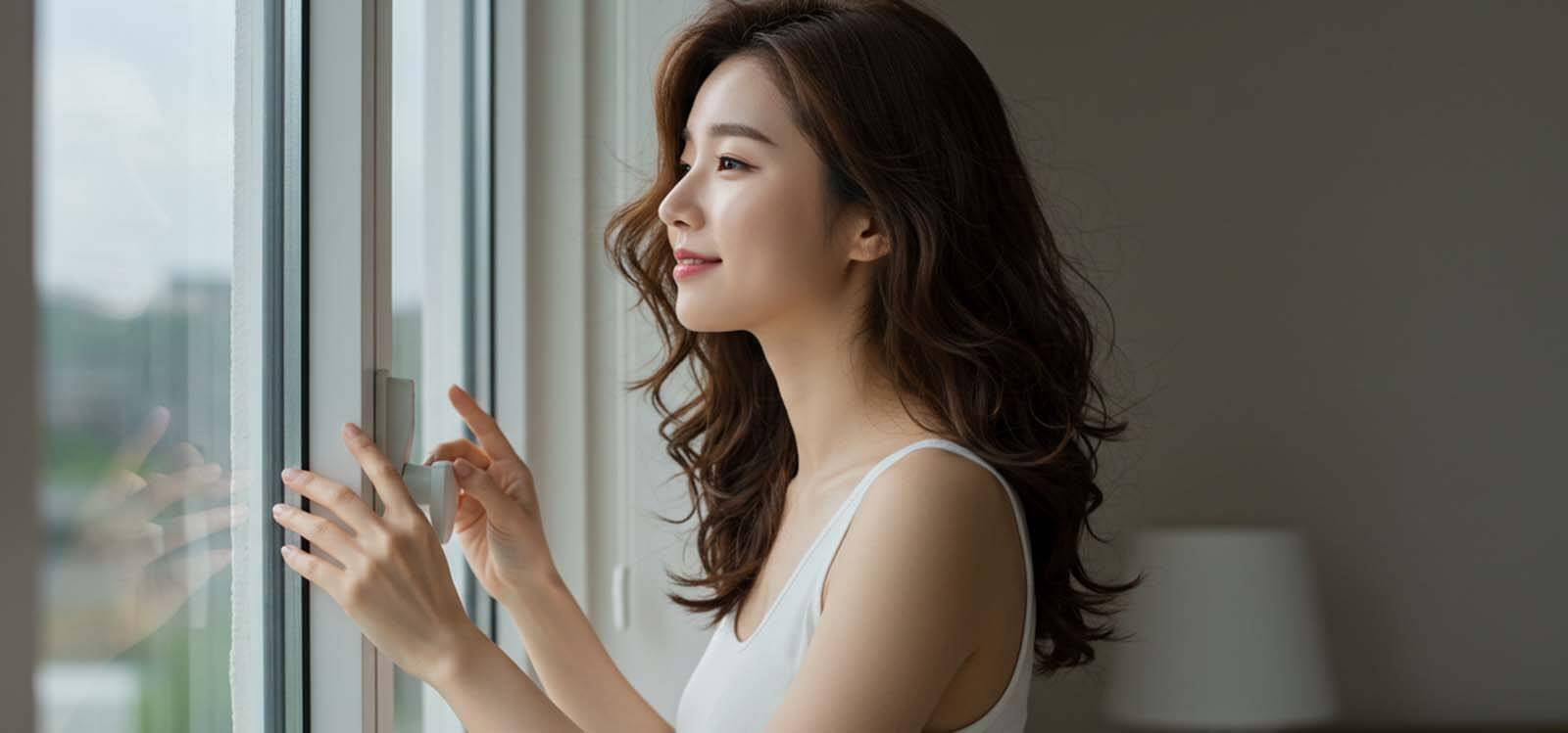 창문 열고 바람 쐬는 여성 사진